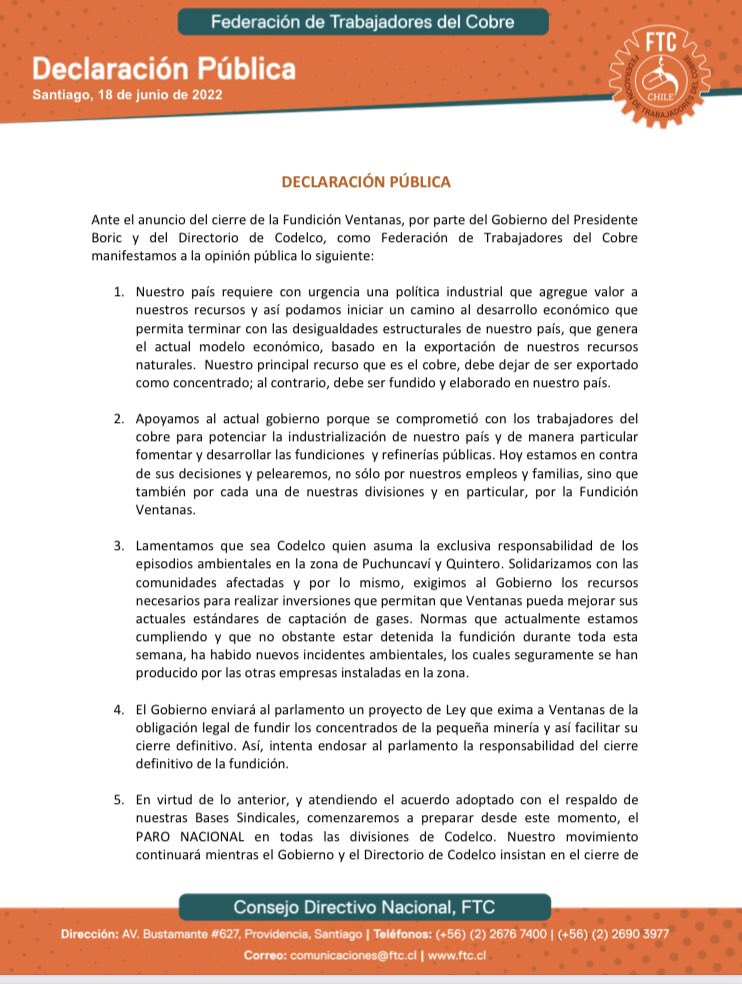 Convocan a paro nacional en todas las divisiones de Codelco tras anuncio de cierre de Ventanas