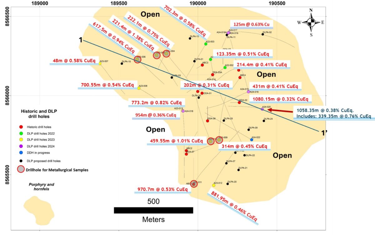 Perú: DLP Resources intercepta 339,35 m de 0,76 % de CuEq* dentro de un intervalo de 1058,35 m de 0,38 % de CuEq*, en el Proyecto Aurora